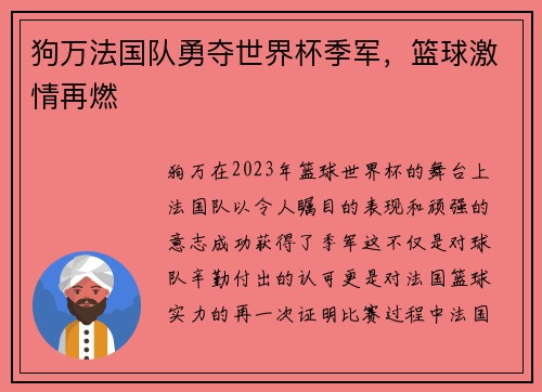 狗万法国队勇夺世界杯季军，篮球激情再燃