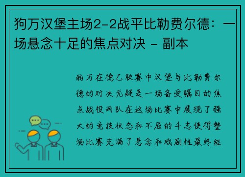 狗万汉堡主场2-2战平比勒费尔德：一场悬念十足的焦点对决 - 副本