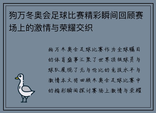 狗万冬奥会足球比赛精彩瞬间回顾赛场上的激情与荣耀交织