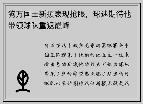 狗万国王新援表现抢眼，球迷期待他带领球队重返巅峰