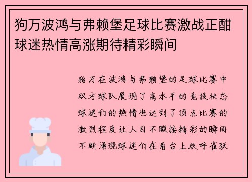 狗万波鸿与弗赖堡足球比赛激战正酣球迷热情高涨期待精彩瞬间
