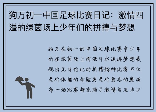 狗万初一中国足球比赛日记：激情四溢的绿茵场上少年们的拼搏与梦想