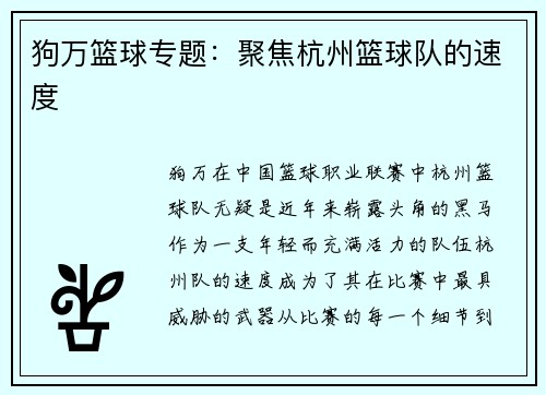 狗万篮球专题：聚焦杭州篮球队的速度