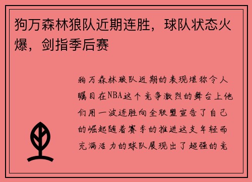狗万森林狼队近期连胜，球队状态火爆，剑指季后赛