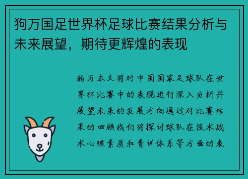 狗万国足世界杯足球比赛结果分析与未来展望，期待更辉煌的表现