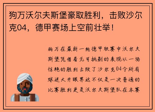 狗万沃尔夫斯堡豪取胜利，击败沙尔克04，德甲赛场上空前壮举！