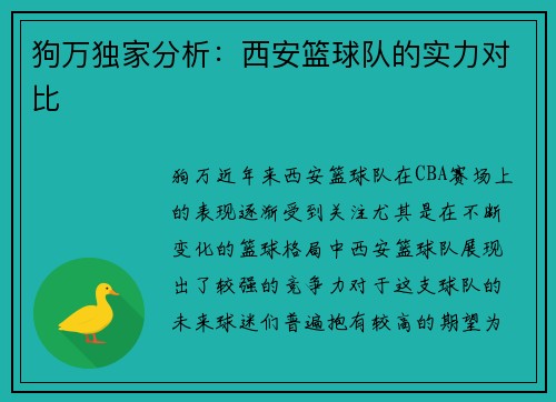 狗万独家分析：西安篮球队的实力对比