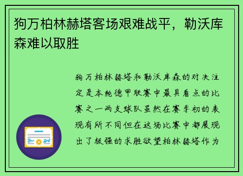 狗万柏林赫塔客场艰难战平，勒沃库森难以取胜