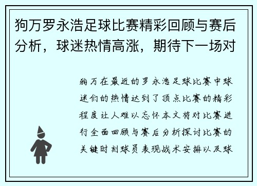 狗万罗永浩足球比赛精彩回顾与赛后分析，球迷热情高涨，期待下一场对决