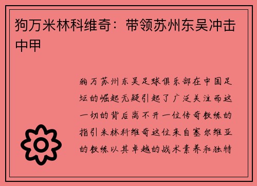 狗万米林科维奇：带领苏州东吴冲击中甲