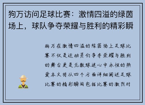 狗万访问足球比赛：激情四溢的绿茵场上，球队争夺荣耀与胜利的精彩瞬间