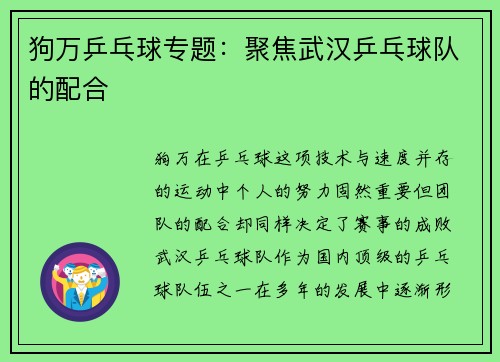 狗万乒乓球专题：聚焦武汉乒乓球队的配合